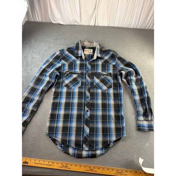 Jnco Crown Brand Long Sleeve Button Up Plaid Shirt Front Zipper Pockets Men Sz S - Picture 1 of 7